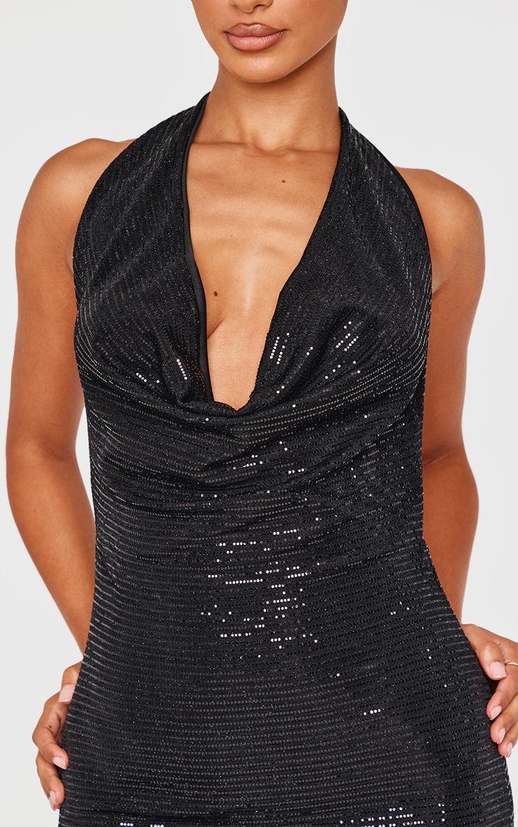 Petite Black Sequin Cowl Neck Open Back Mini Dress Product Image