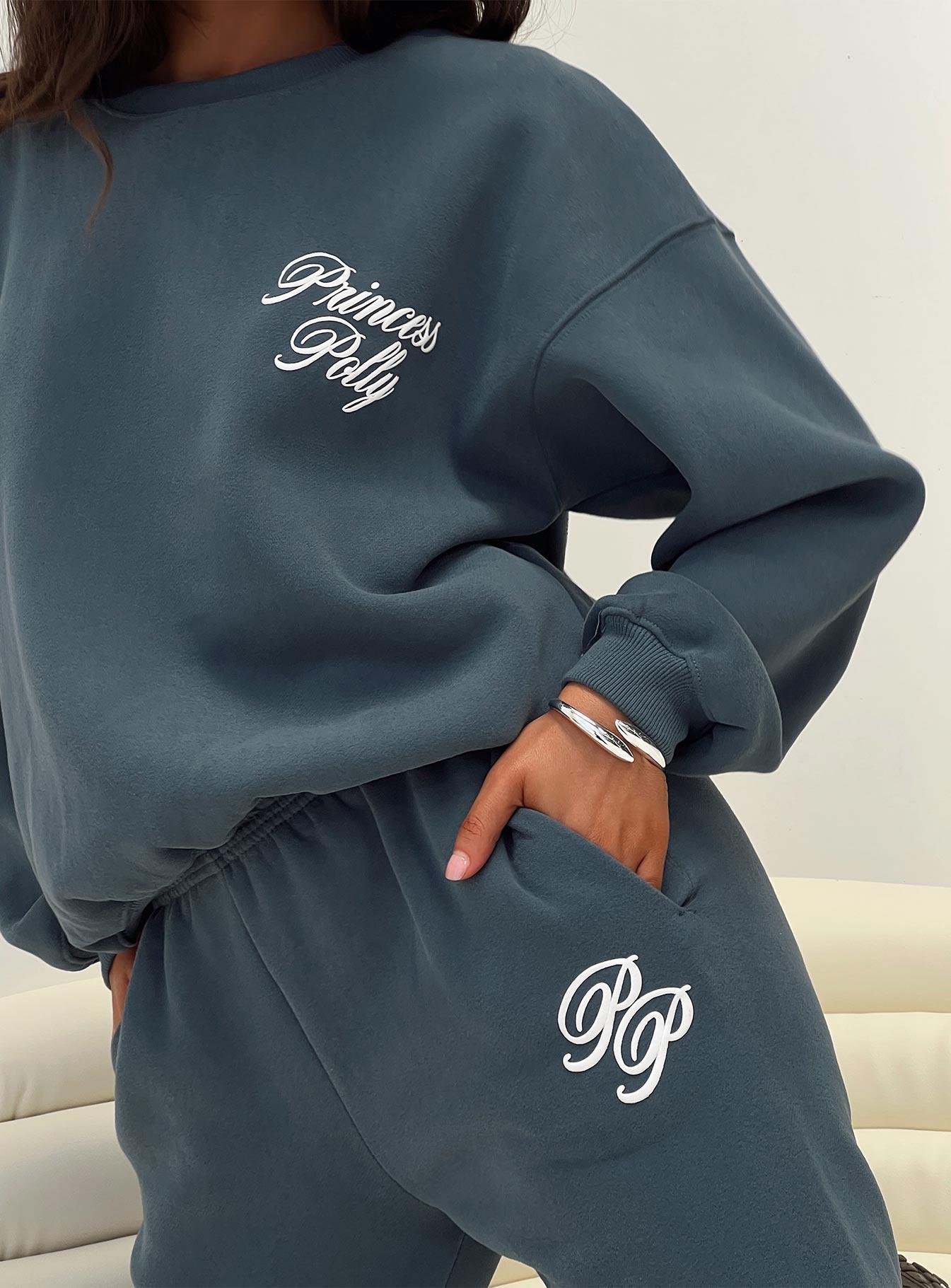 Princess Polly Crew Neck Sweatshirt Cursive Text Navy / White Product Image