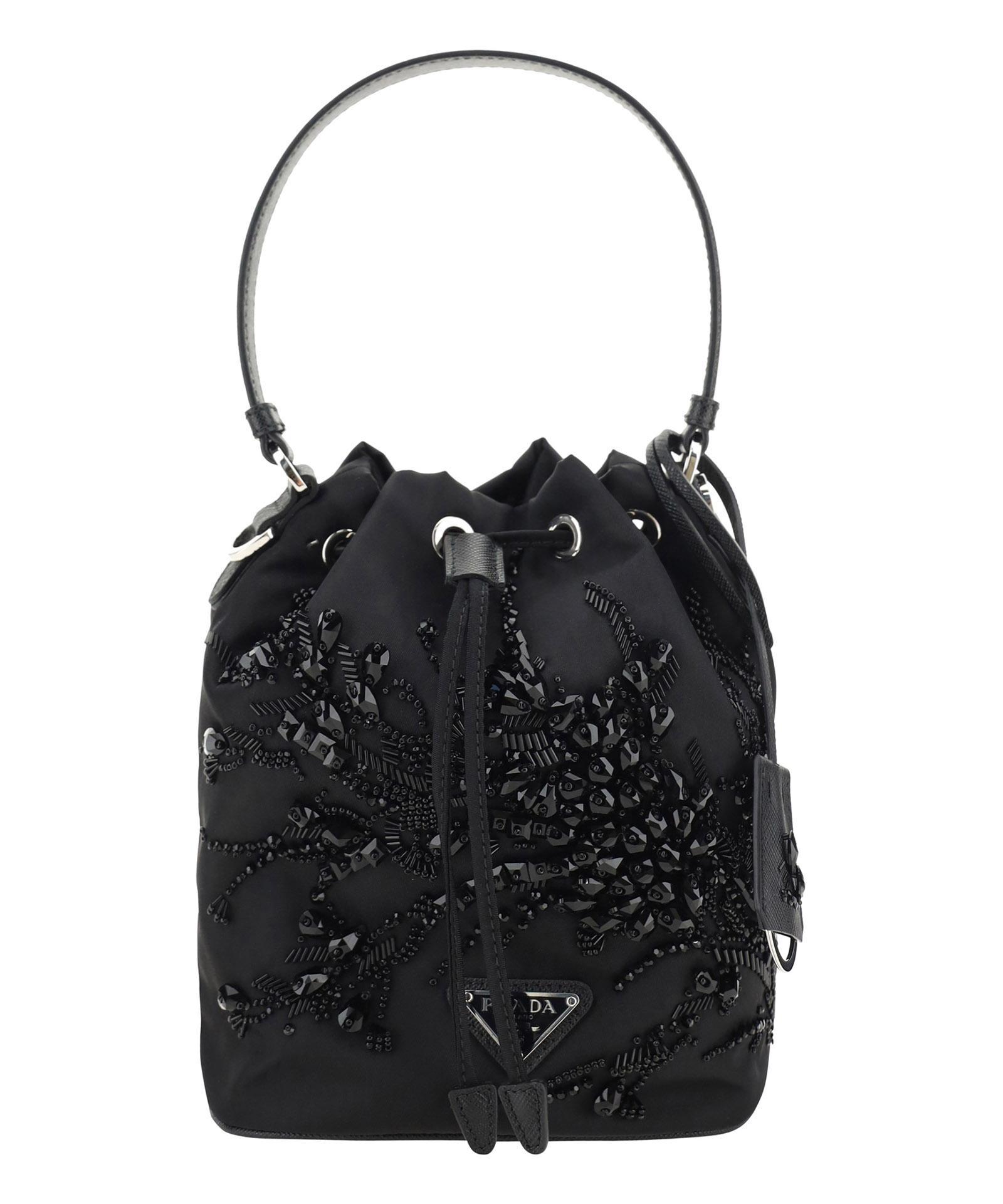 PRADA Crystals Re-nylon Mini Bucket Bag In Black Product Image