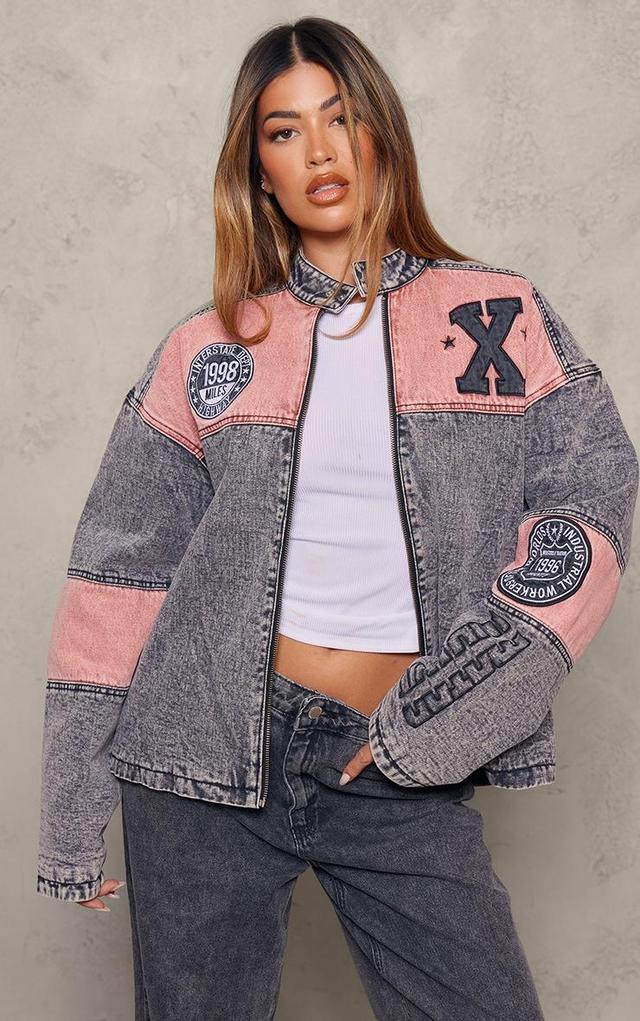 Grey Acid Wash Contrast Panel Oversized Denim Bomber Jacket Product Image