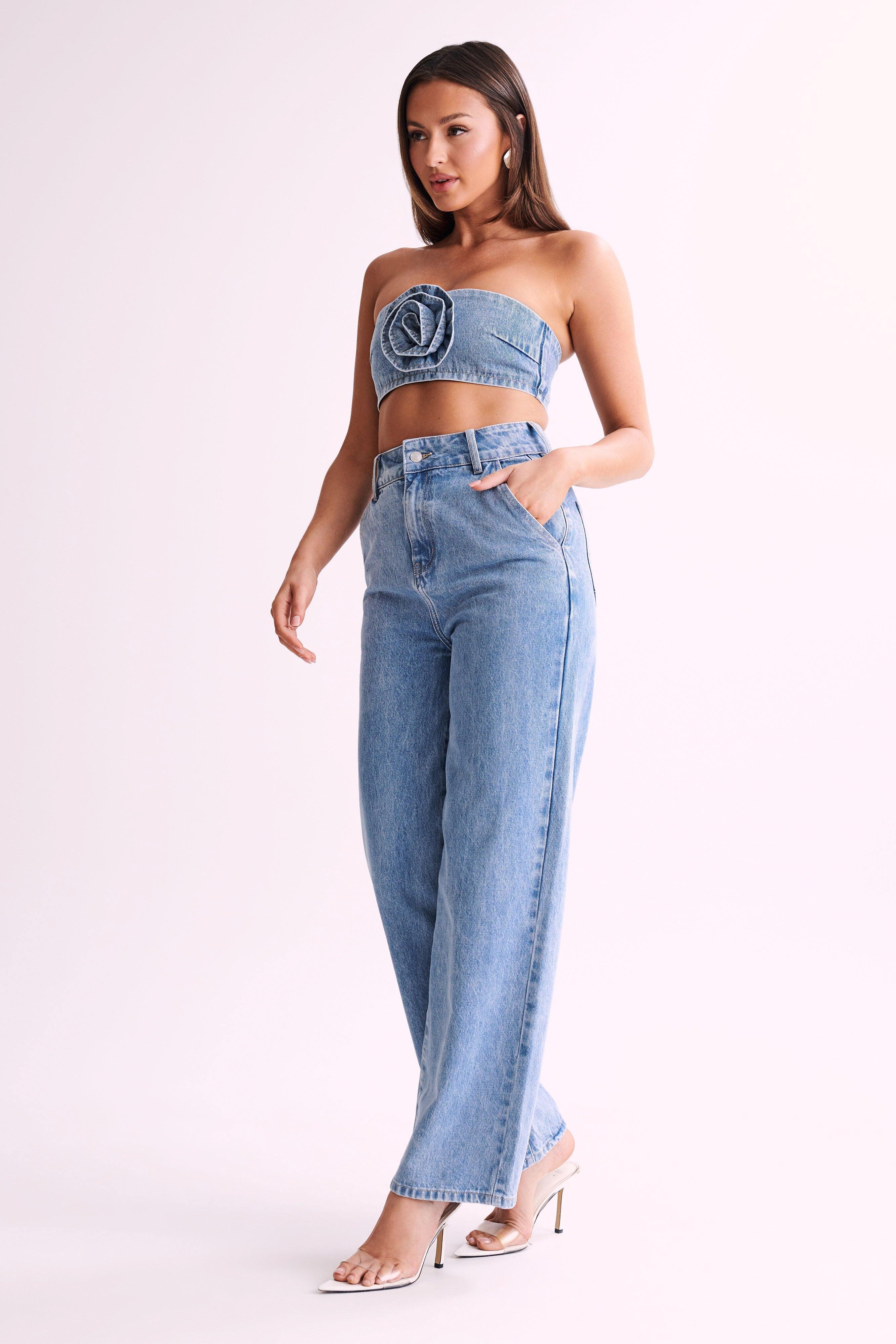 Roxy Wide Leg High Waist Denim Jeans - Mid Blue Product Image