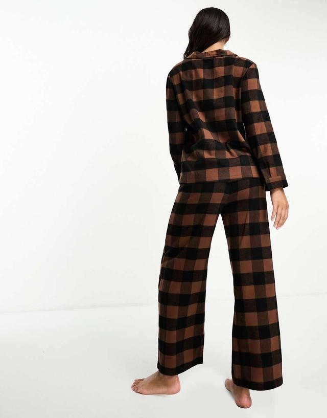 Loungeable brushed cotton long sleeve buttoned pajama pants set in checked chocolate brown Product Image