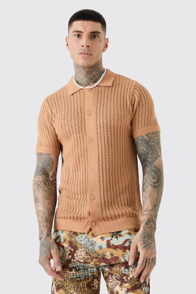 Tall Open Stitch Short Sleeve Knitted Shirt In Taupe | boohooMAN USA Product Image