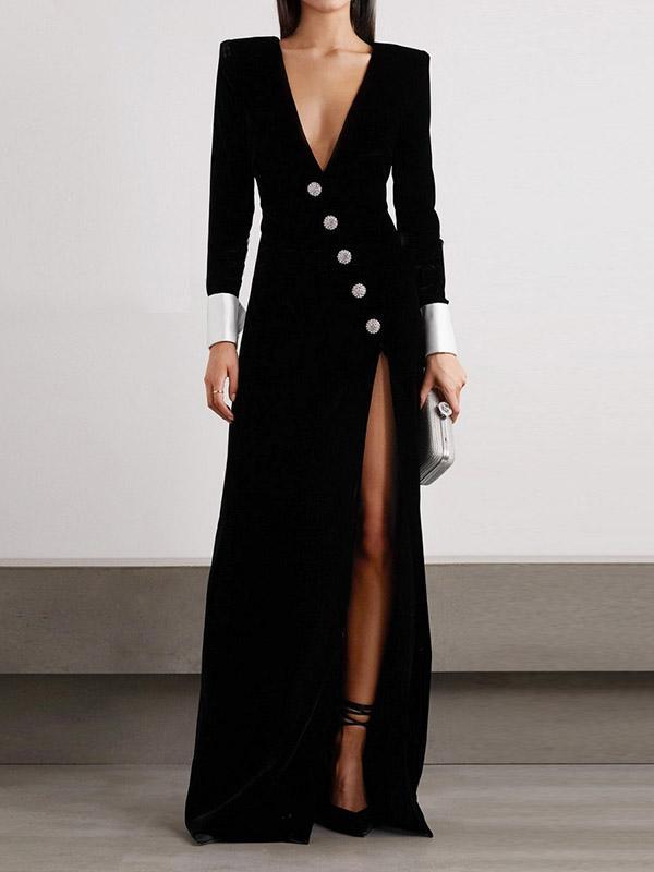 Long Sleeves Skinny Asymmetric Buttoned Shoulder Pad Split-Front Deep V-Neck Maxi Dresses Product Image