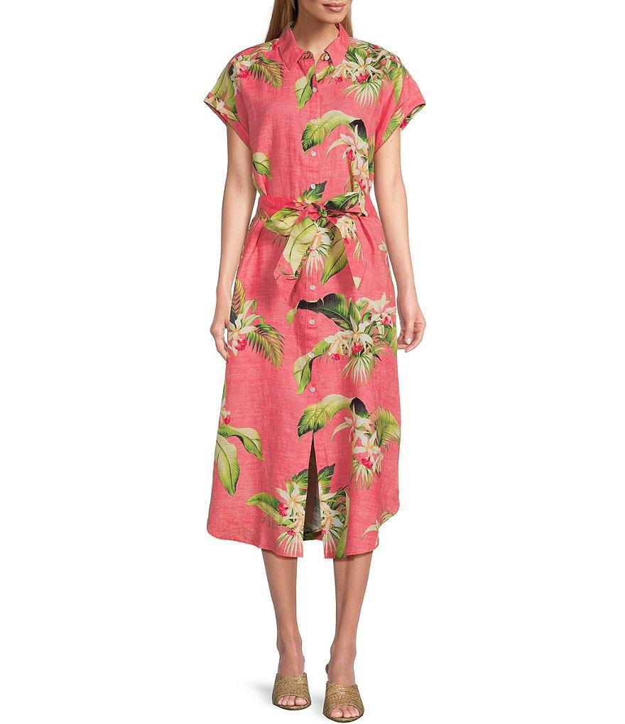 Tommy Bahama Tropical Print Point Collar Short Sleeve Side Pocket Tie Waist Shirttail Hem Midi Shirt Dress Product Image