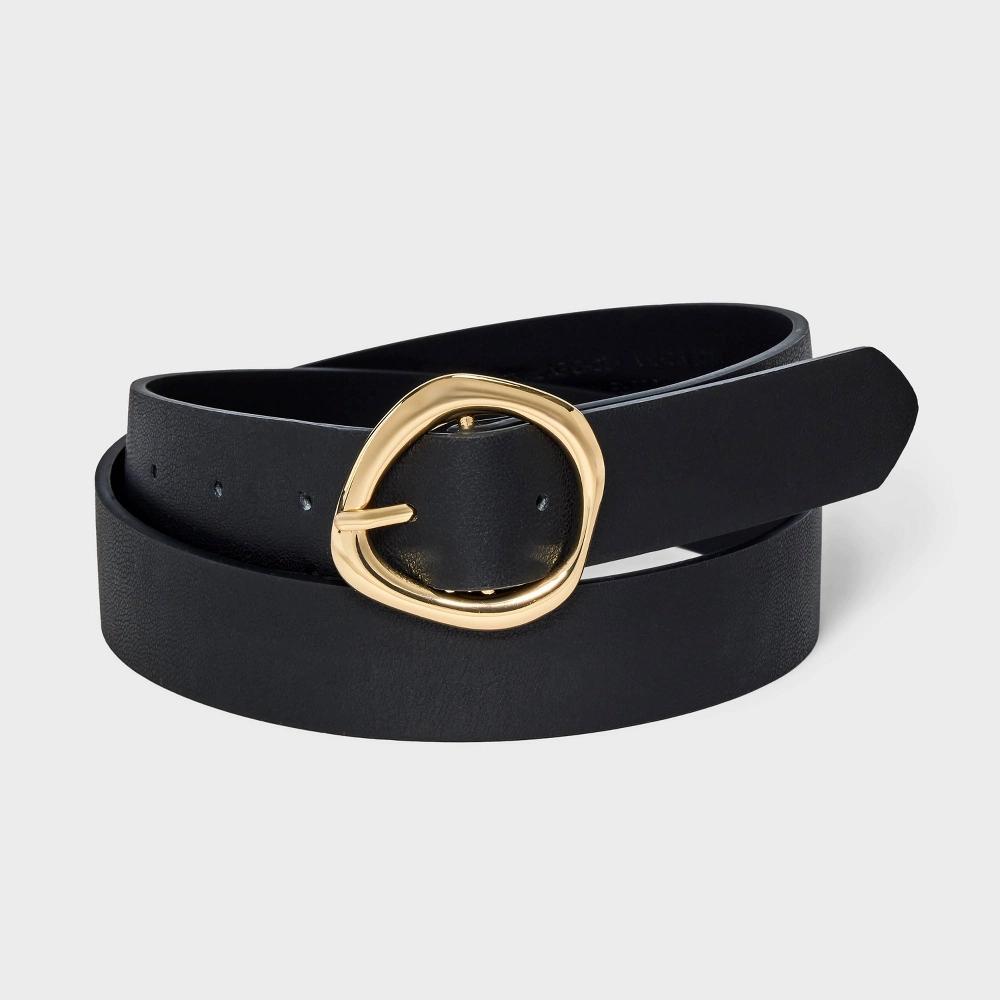 Women's Round Sculptural Buckle Belt - A New Day™ Black L Product Image