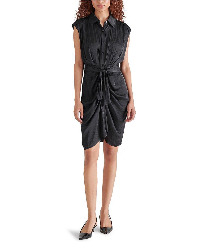 Steve Madden Toria Satin Point Collar Neck Short Sleeve Button Front Tie Mini Dress Product Image