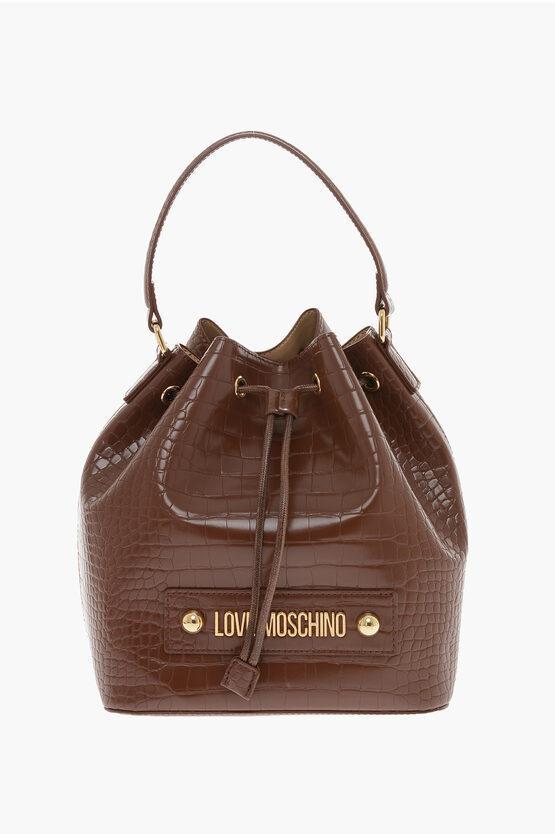 MOSCHINO Love Crocodile Effect Faux Leather Bucket Bag With Maxi Logo In Brown Product Image