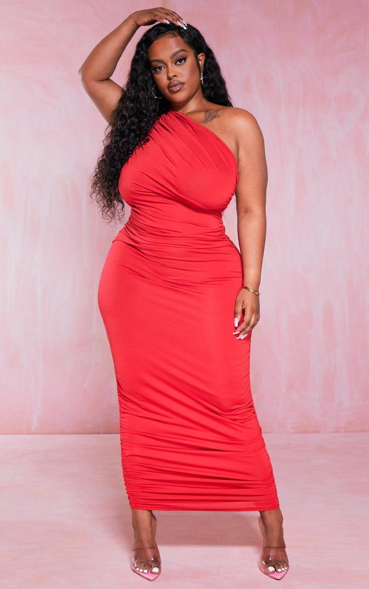 Plus Red Slinky Ruched One Shoulder Longline Midi Dress Product Image