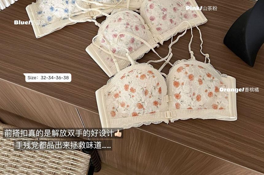 Floral Print Lace Front Closure Wireless Bra Product Image