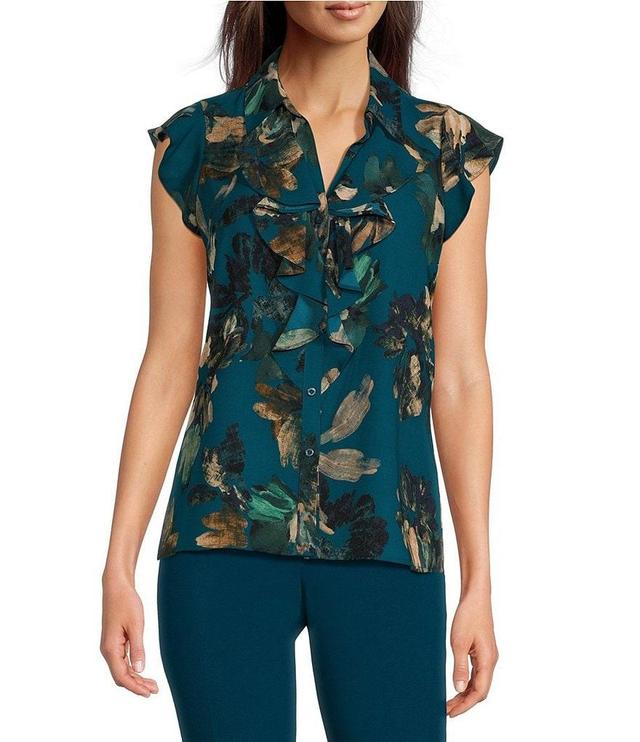 Calvin Klein Petite Size Printed Collared Short Sleeve Ruffle Front Top Product Image