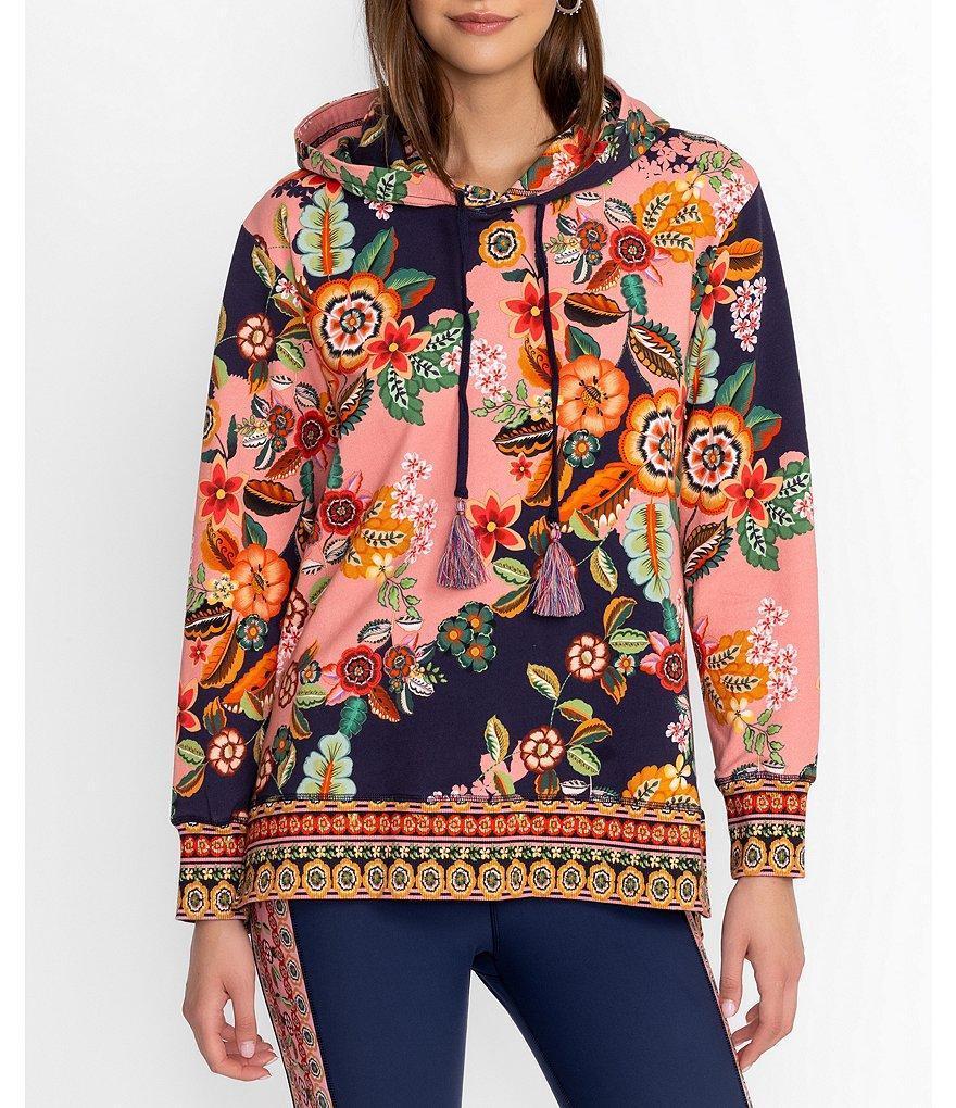 JOHNNY WAS Floral Print Cotton Stretch Knit Long Sleeve Tassel Detail Hoodie Product Image