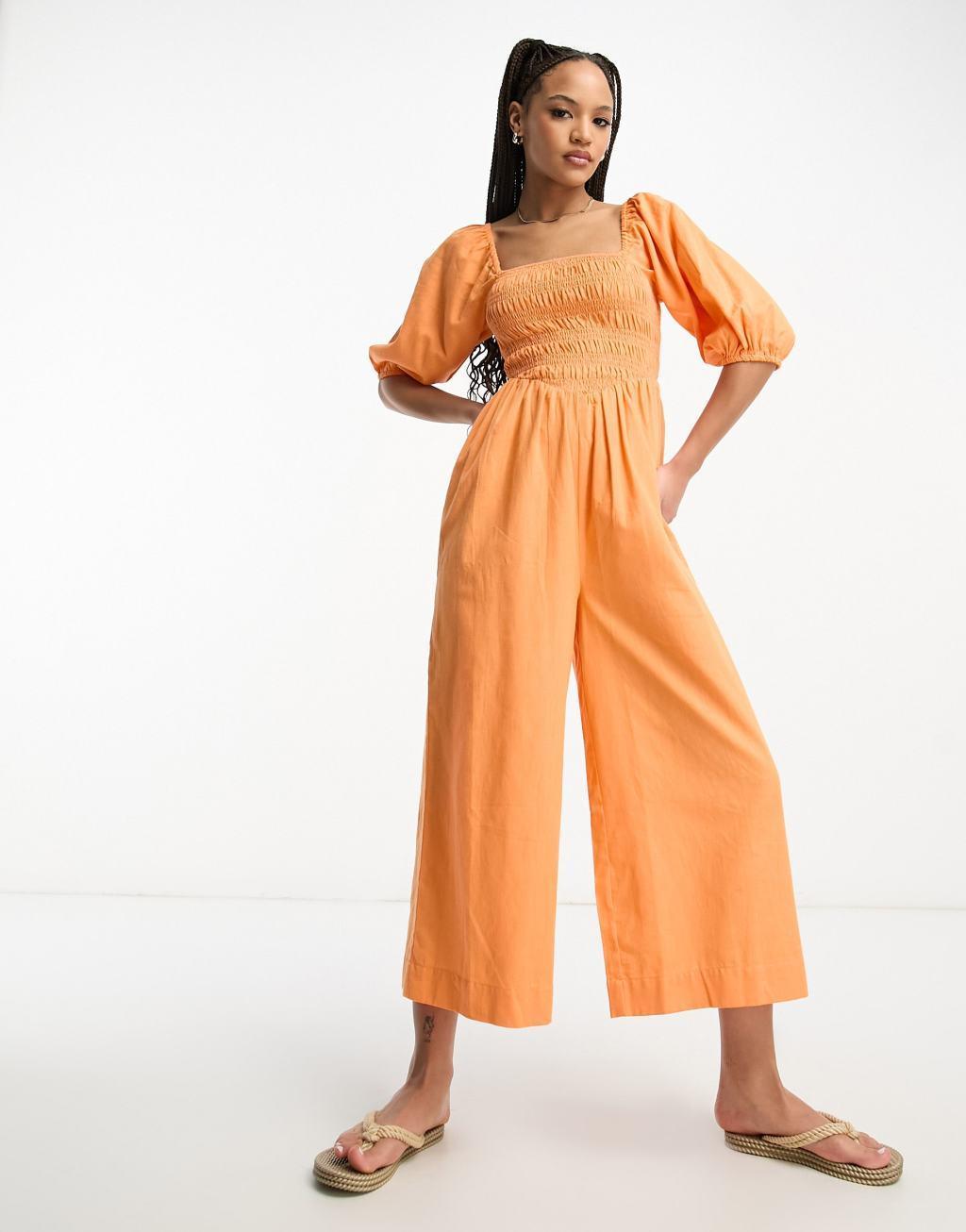 ASOS DESIGN linen look shirred bodice puff sleeve jumpsuit Product Image