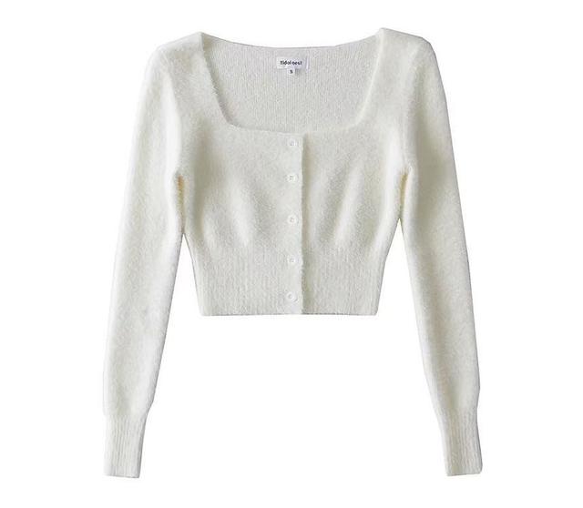 Long-Sleeve Square Neck Plain Button Crop Knit Top Product Image