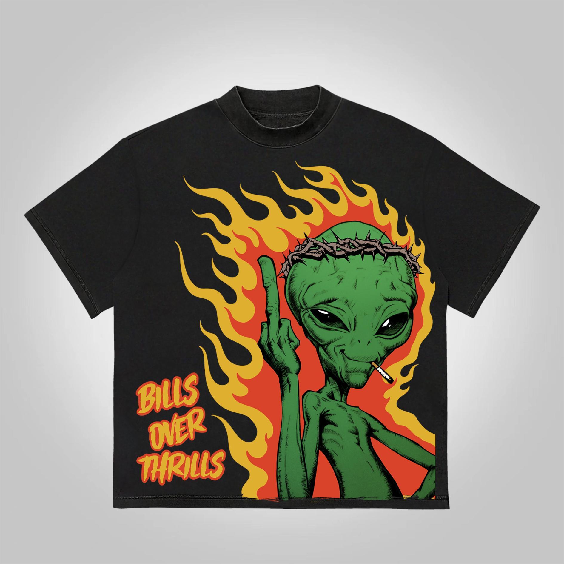 Sopula Flame Alien Bills Over Thrills Printed Graphics Cotton T-Shirt Product Image