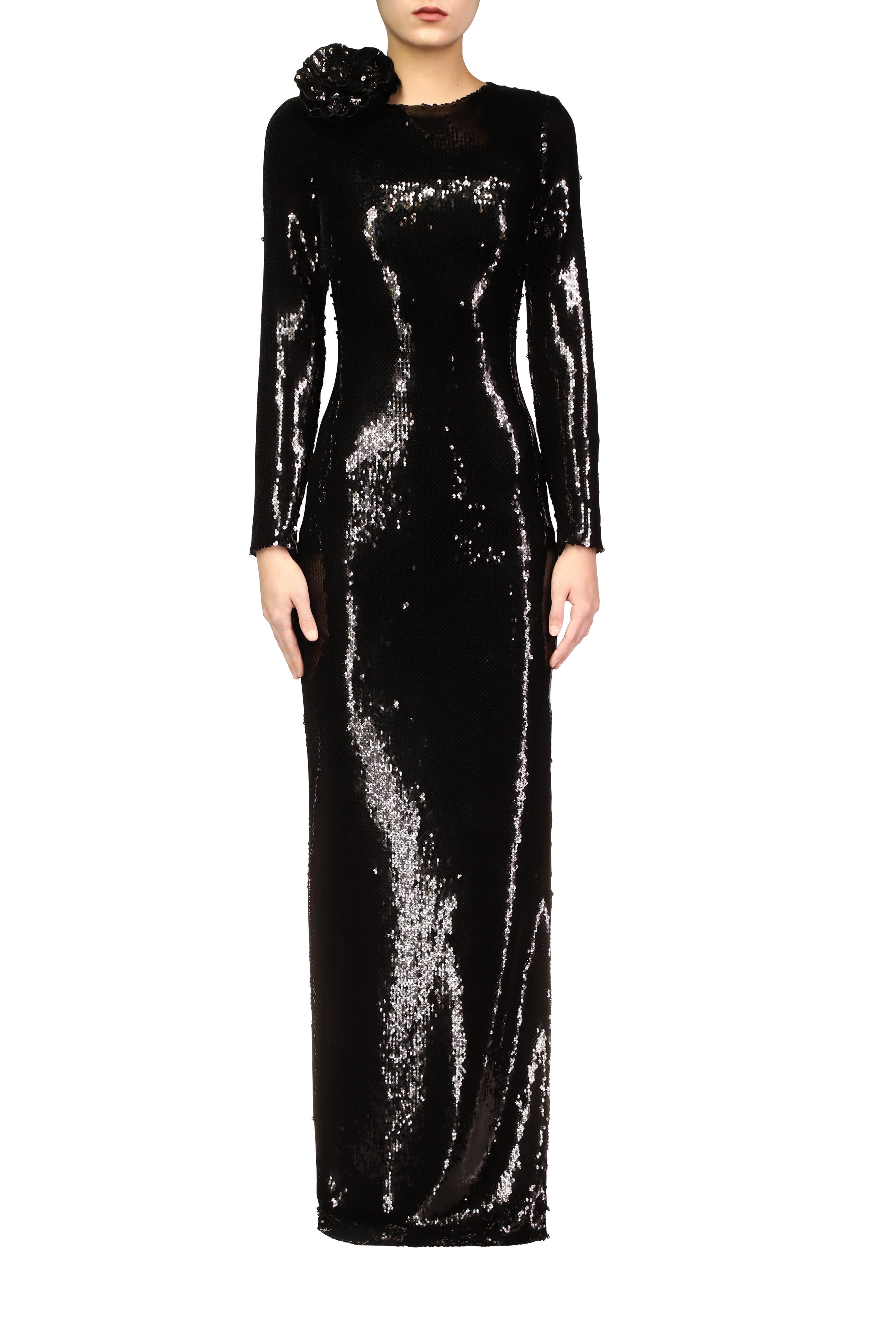 Black Sequin Gown With Flower Detail Product Image