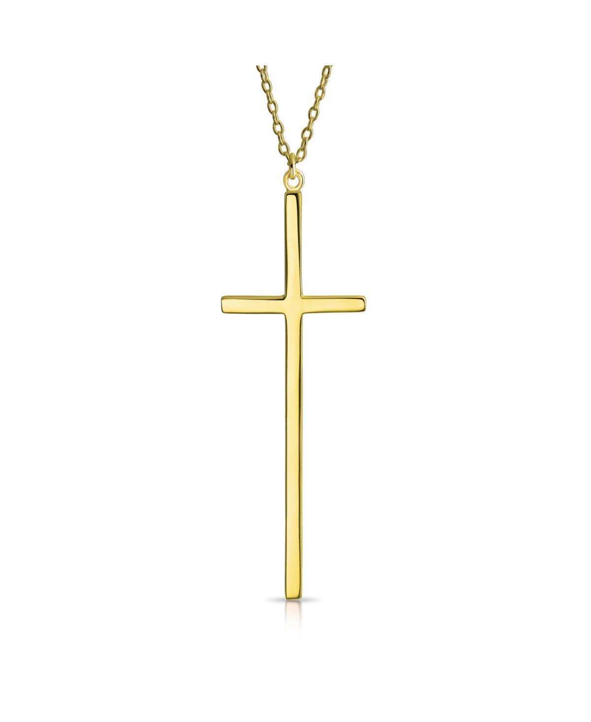 Bling Jewelry Modern Elongated Simple Basic Long Flat Thin Delicate Religious Latin Cross Pendant Necklace For Women Plated .925 Sterling Silver Product Image