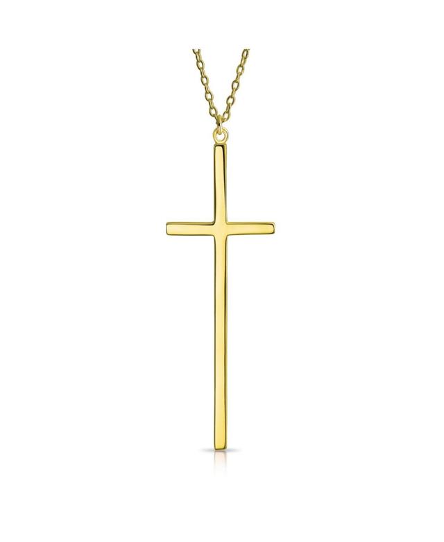 Bling Jewelry Modern Elongated Simple Basic Long Flat Thin Delicate Religious Latin Cross Pendant Necklace For Women Plated .925 Sterling Silver Product Image