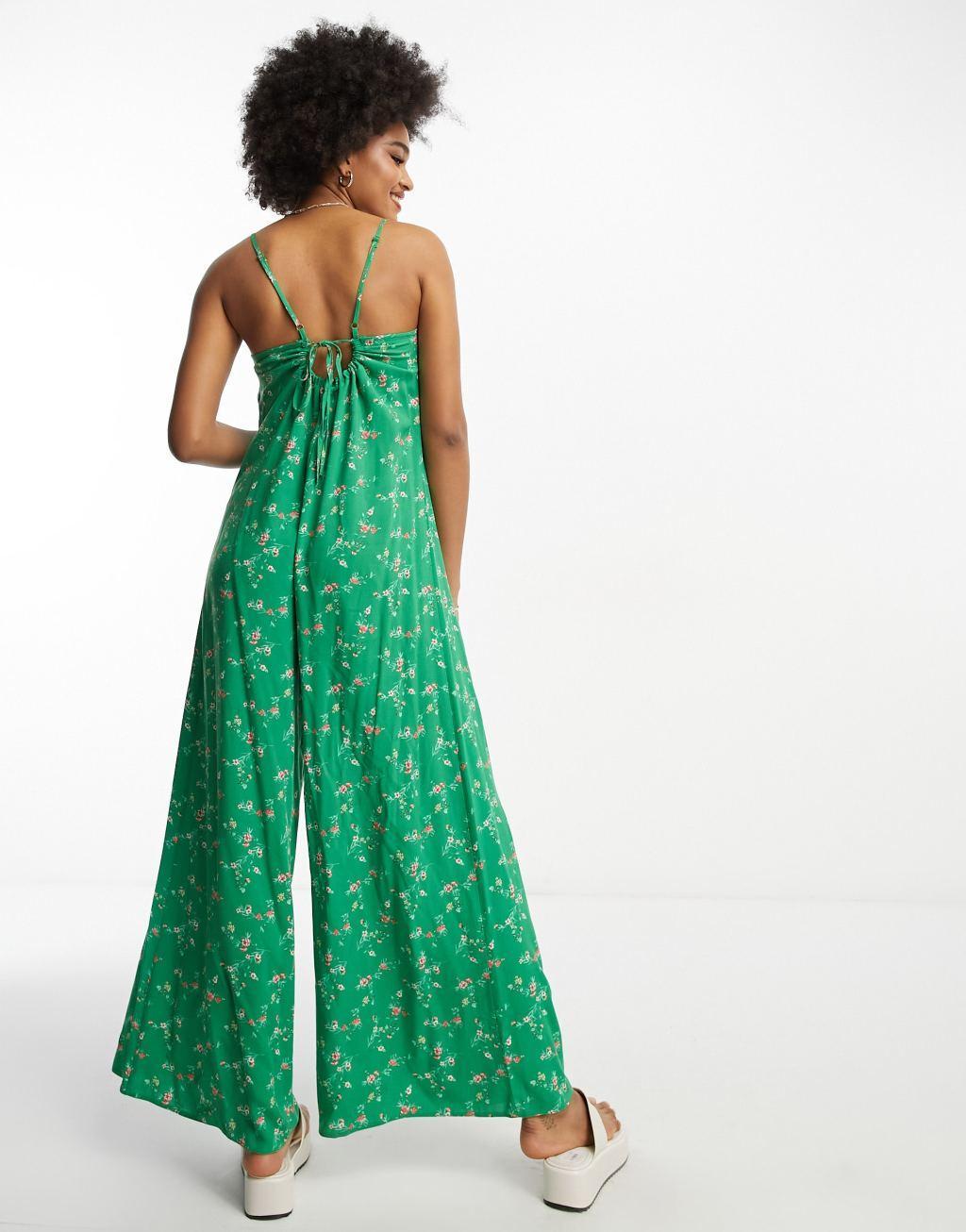 ASOS DESIGN Tall strappy culotte jumpsuit in green floral print Product Image