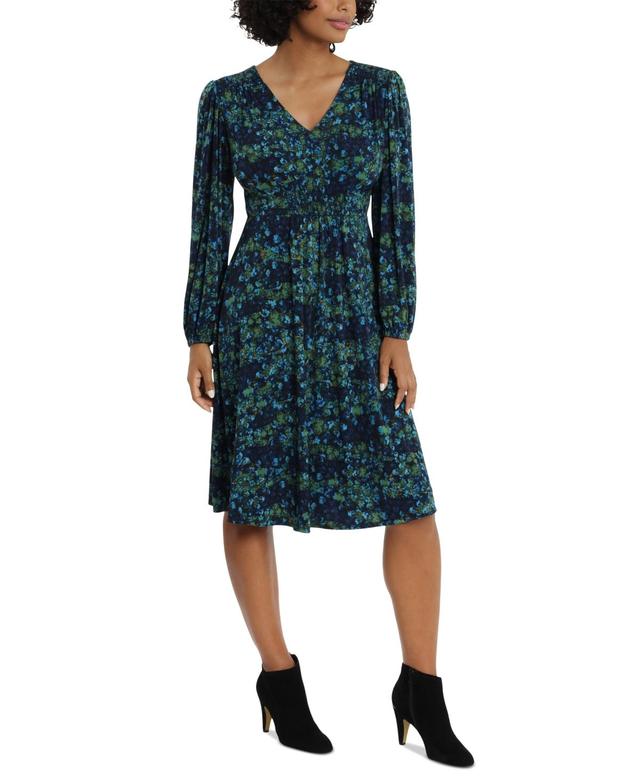 Womens London Times Print Empire Smocked Dress Blue Product Image