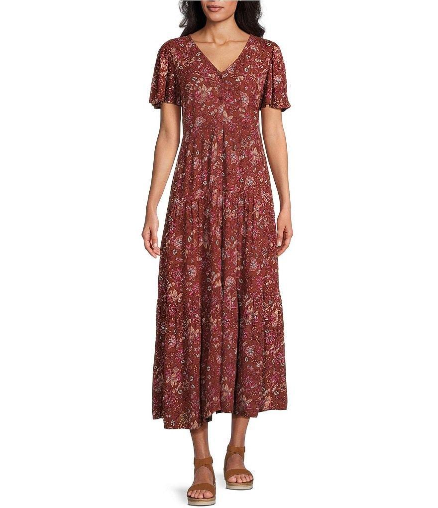 Westbound Floral Print V-Neck Short Sleeve Button Front A-Line Maxi Dress Product Image