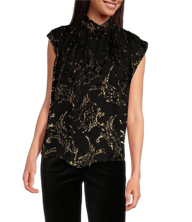 Trina Turk Imogene Twinkling Tinsel Burnout Mock Neck Cap Sleeve Top Product Image