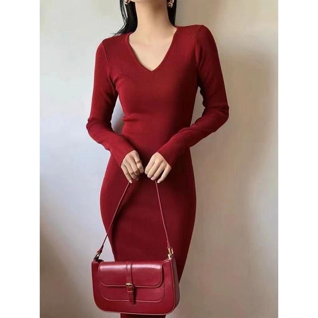 Long-Sleeve V-Neck Plain Midi Sheath Knit Dress Product Image