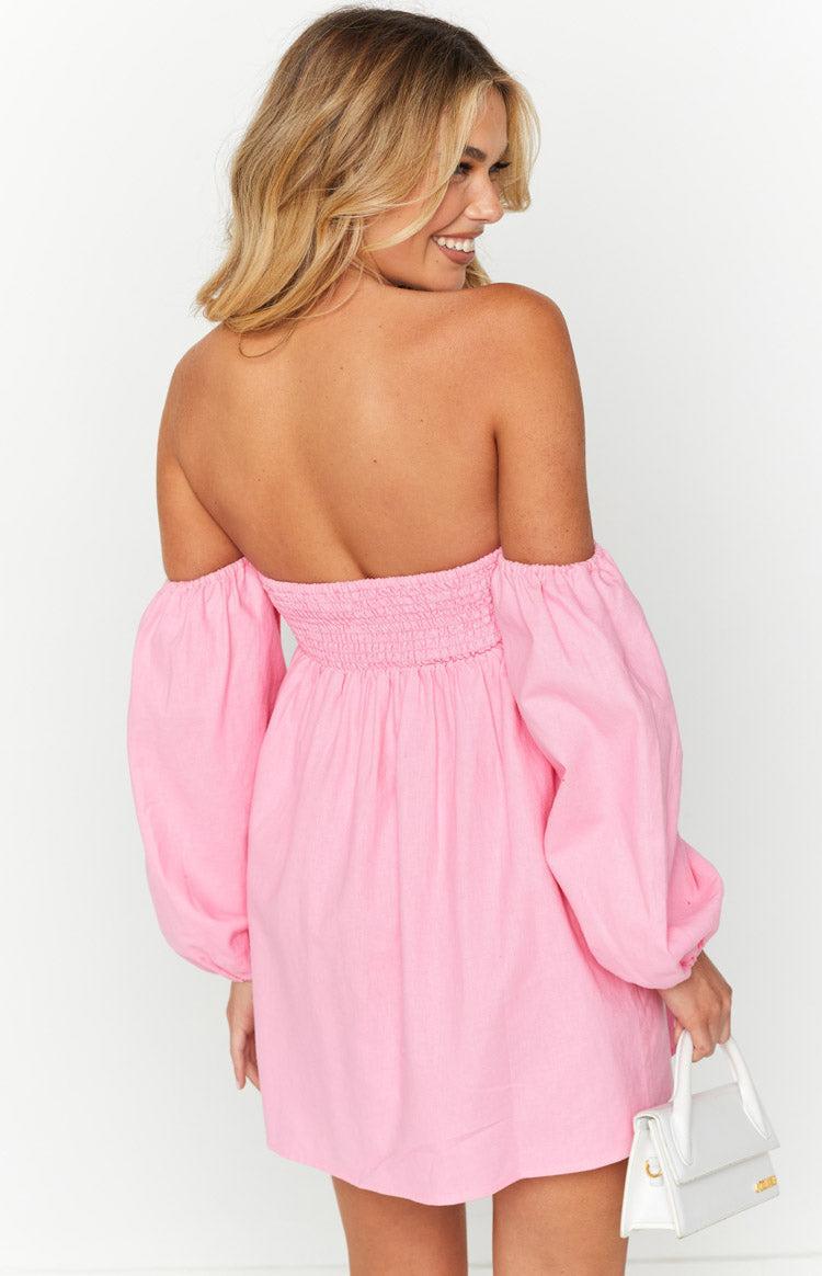 Koa Pink Off Shoulder Linen Mini Dress Product Image