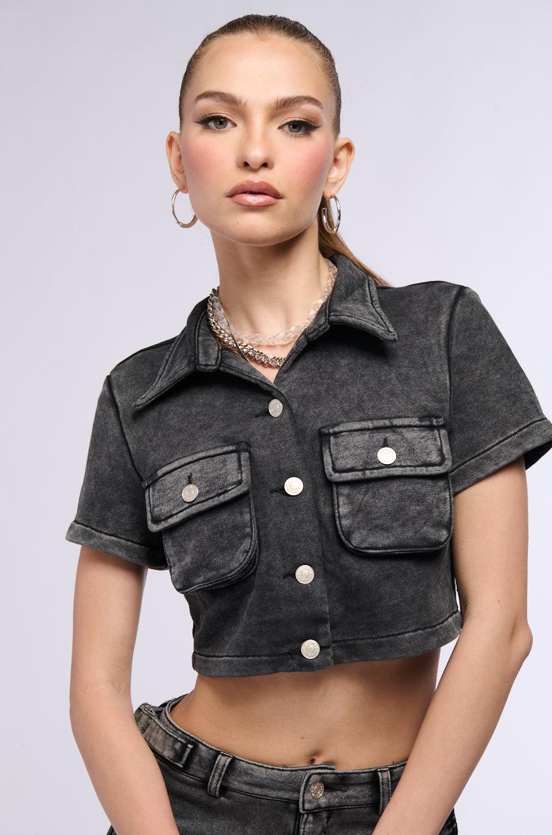 WORK FOR IT MINERAL WASHED SHORT SLEEVE BUTTON DOWN IN GREY Product Image