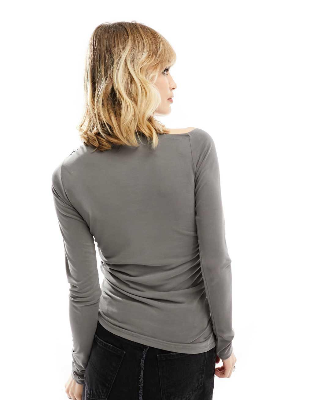 Weekday Main asymmetric long sleeve top in khaki gray Product Image