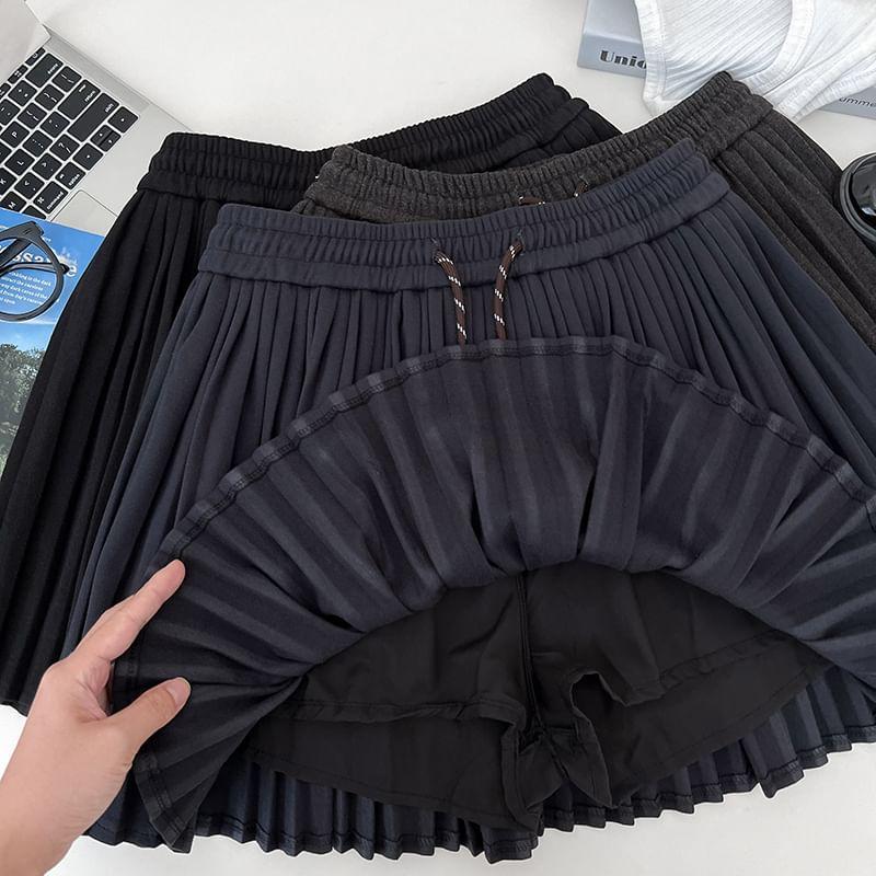 Drawstring Waist Plain Pleated Mini A-Line Skirt Product Image