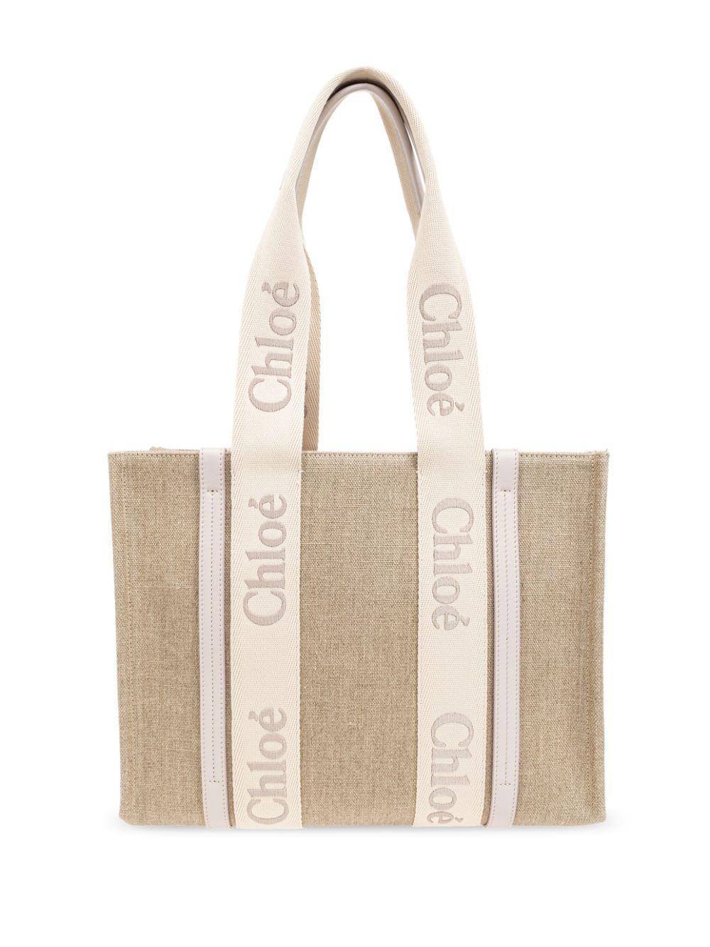 Medium Woody Logo-strap Linen Tote Bag In Neutrals Product Image