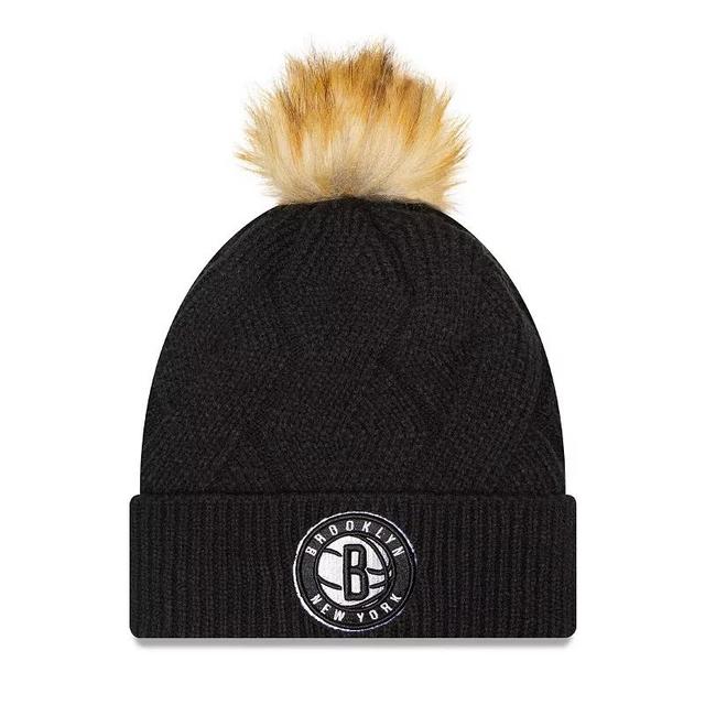 Womens New Era Brooklyn Nets Snowy Cuffed Knit Hat with Pom Product Image