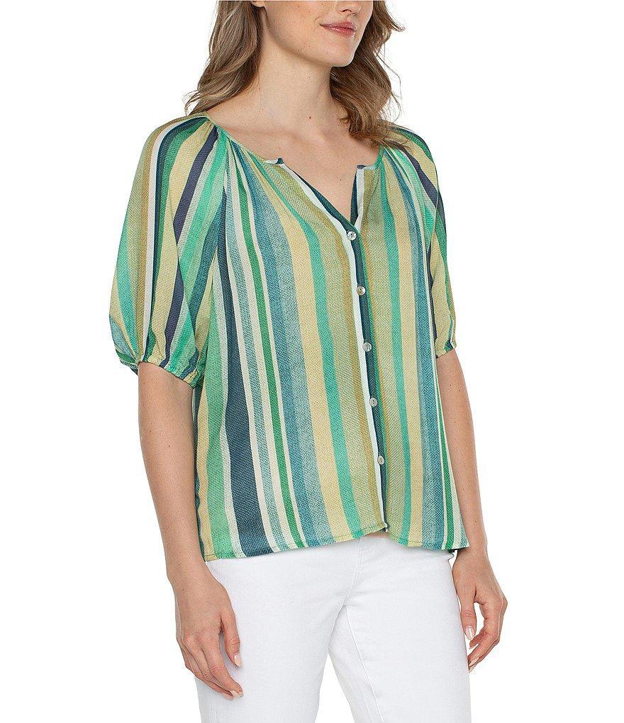 Liverpool Los Angeles Striped Split-V Neckline Short Sleeve Top Product Image