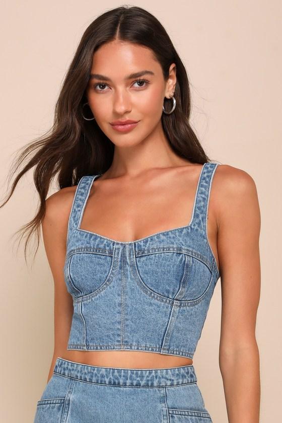 Definite Sweetie Medium Wash Denim Bustier Lace-Up Crop Top product image