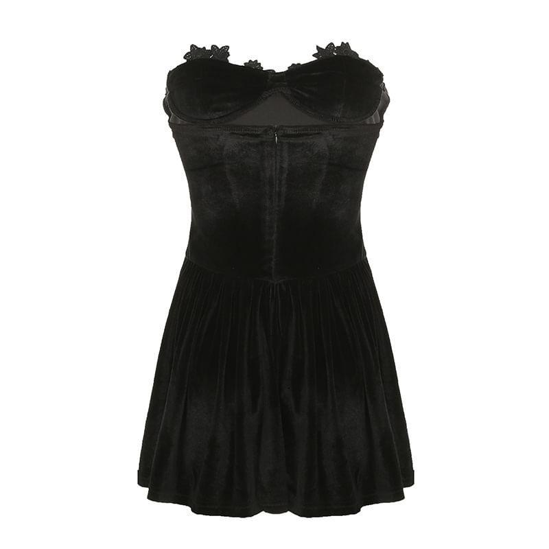 Strapless Plain Lace Trim Velvet Mini A-Line Dress Product Image