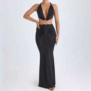 Halter V-Neck Plain Cutout Sheath Maxi Dress Product Image