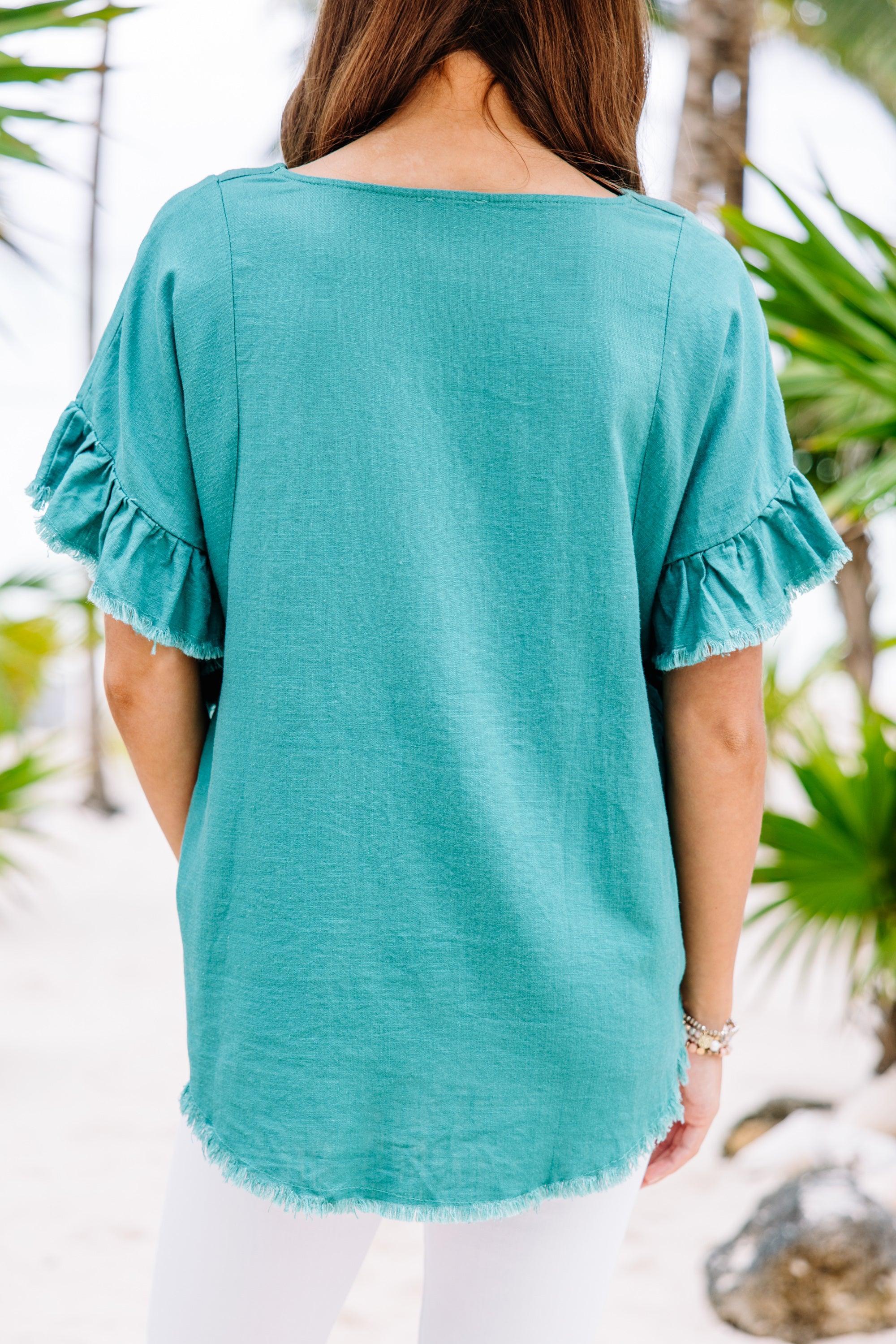 Find You Out Lagoon Green Linen Top Female Product Image