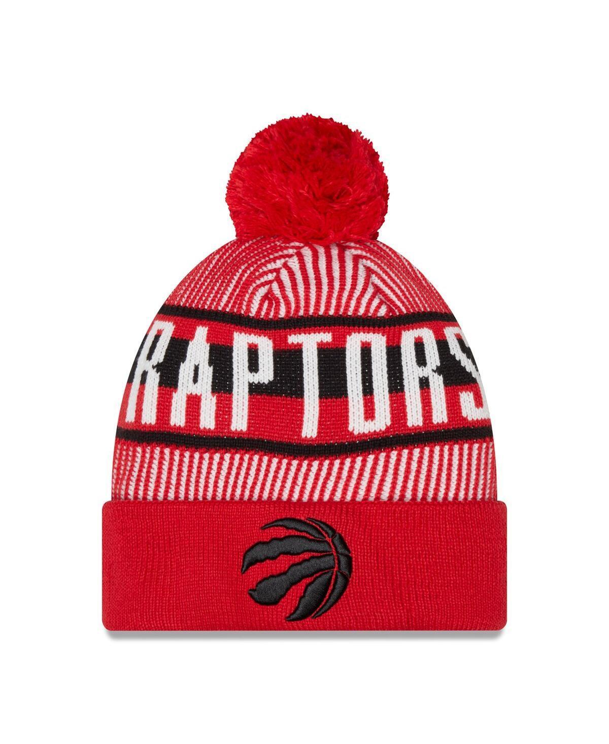 Mens New Era Red Toronto Raptors Striped Cuffed Pom Knit Hat Product Image