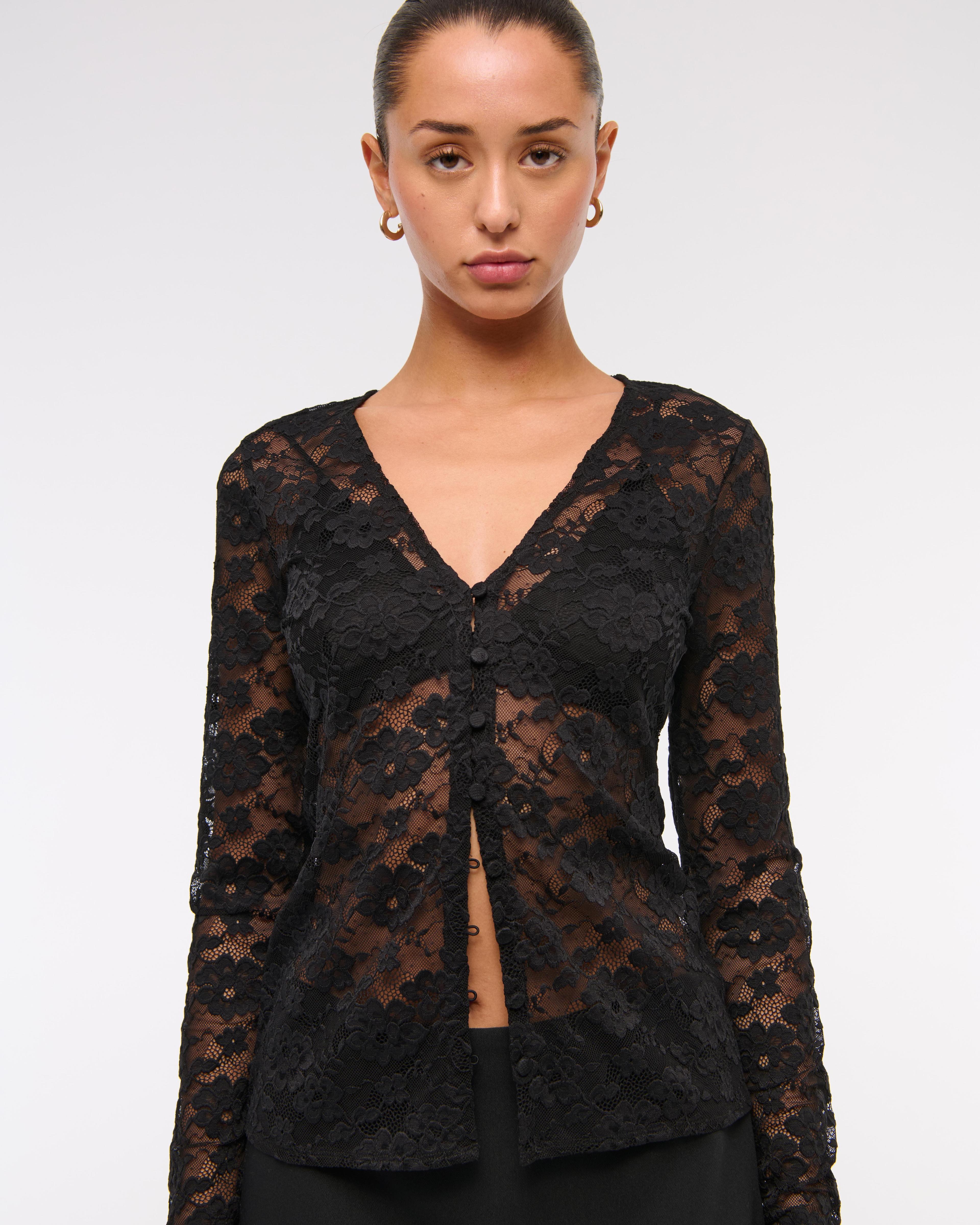 Long-Sleeve Lace Button-Through Top Product Image