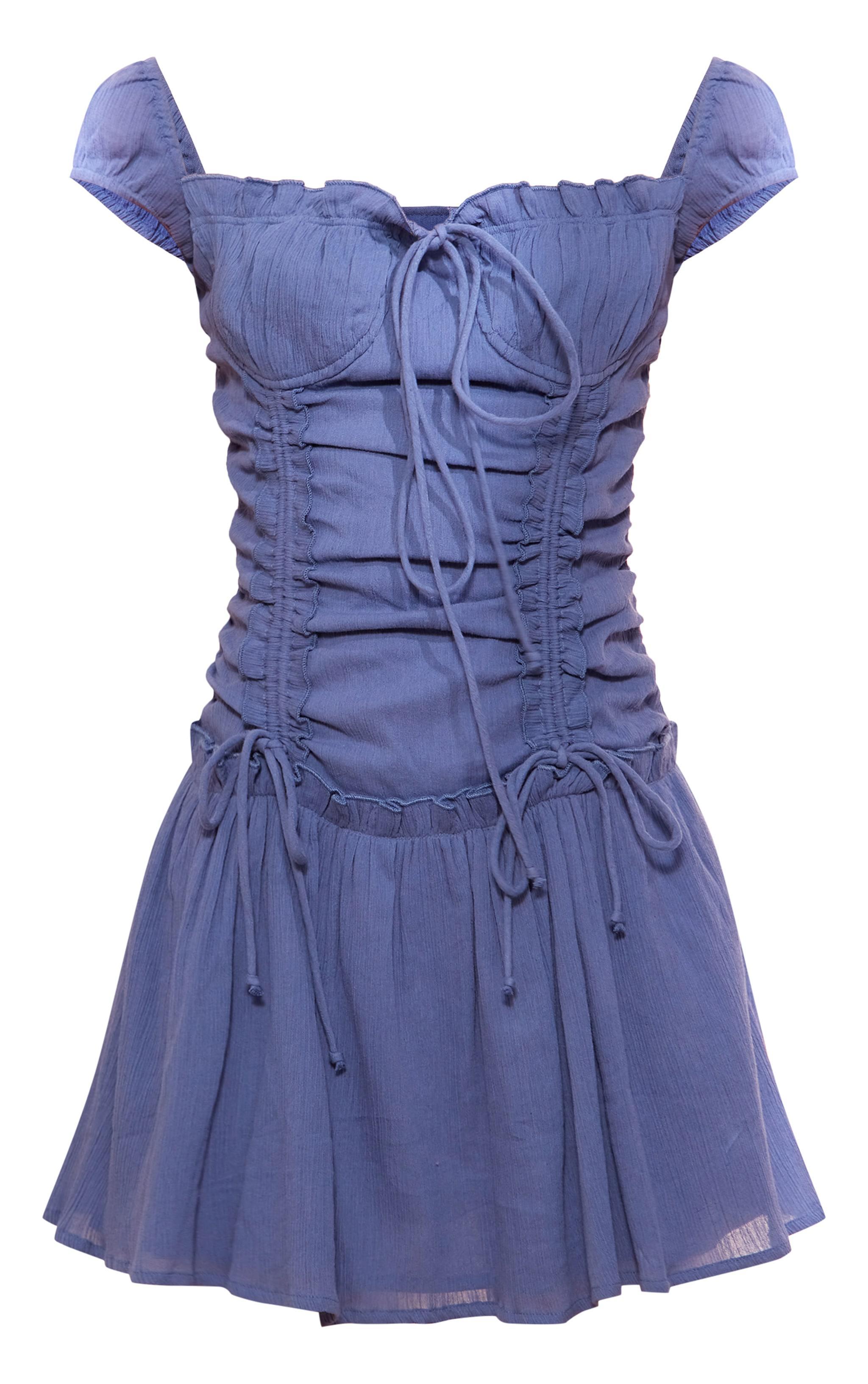 Dusty Blue Textured Ruched Puff Sleeve Bodycon Dress Product Image