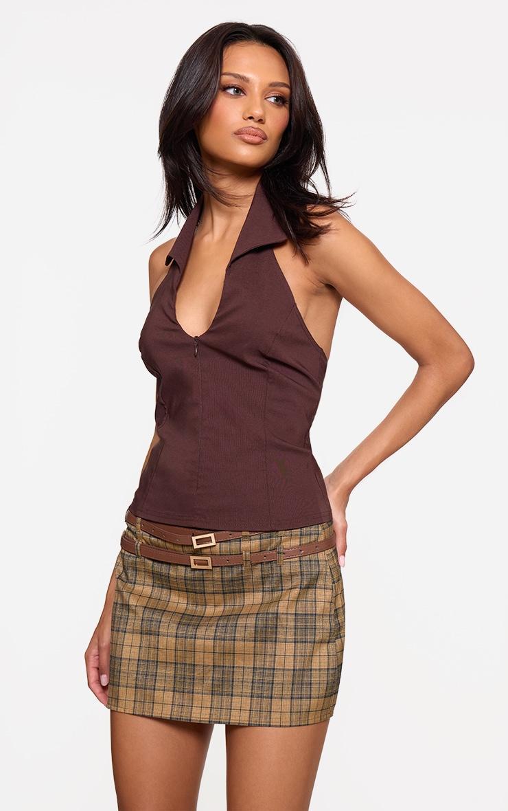 Chocolate Stretch Woven Zip Collar Detail Long Top Product Image