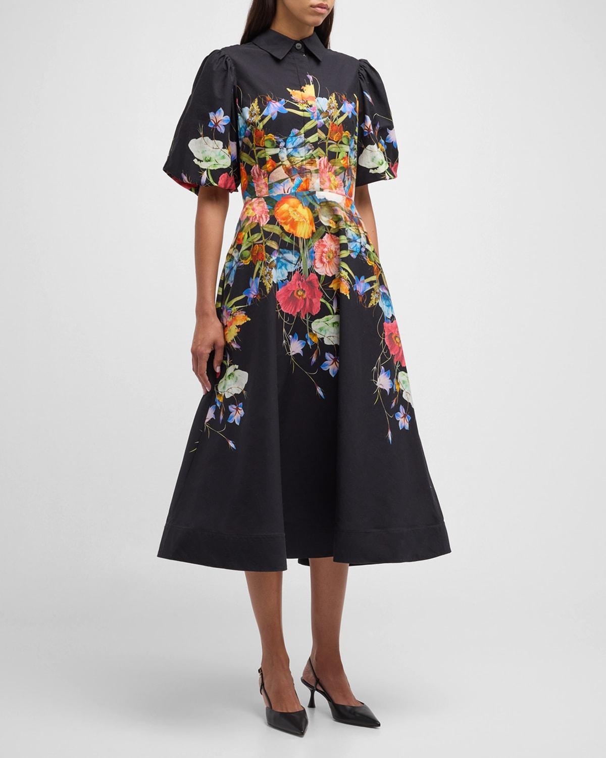 Womens Floral Cotton Puff-Sleeve Midi-Dress Product Image