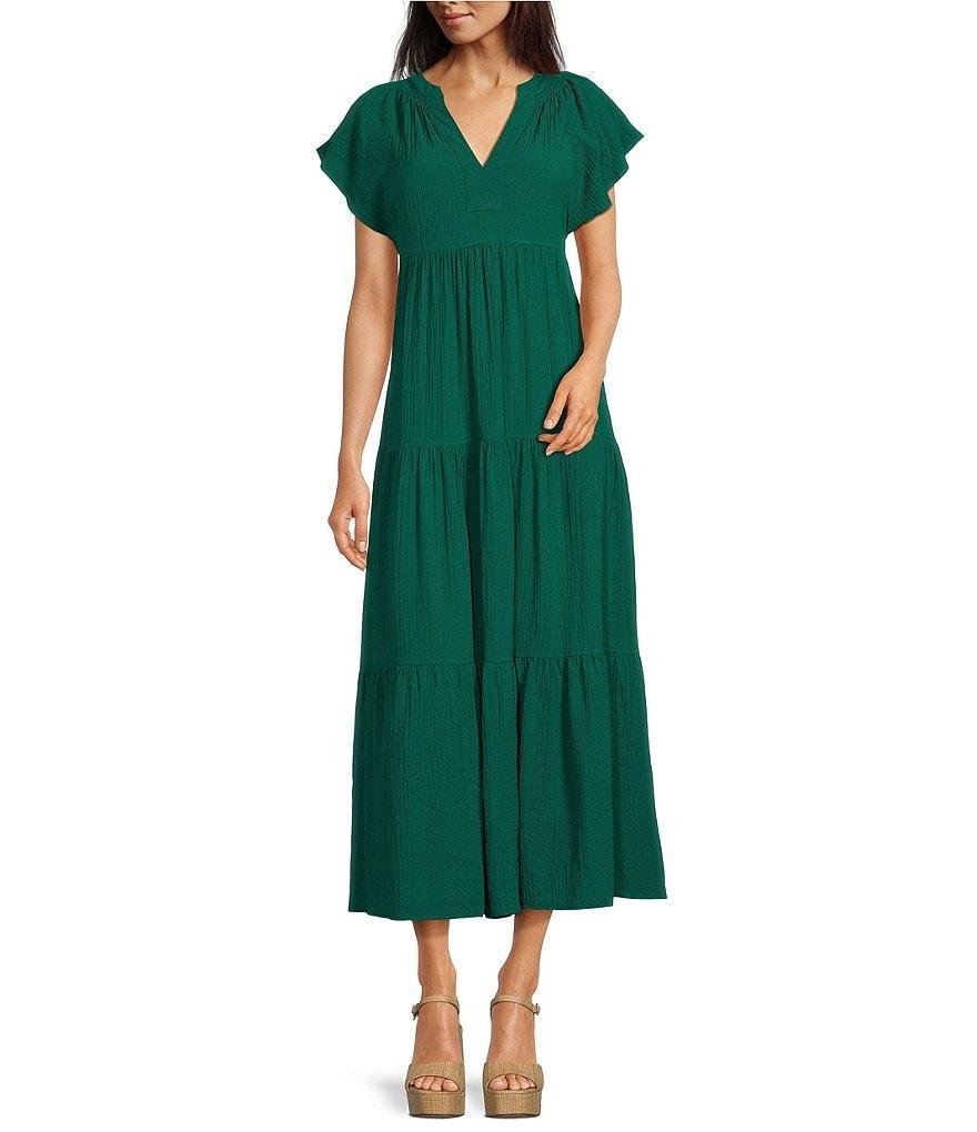 Calvin Klein Short Flutter Sleeve V-Neck Maxi Dress Product Image