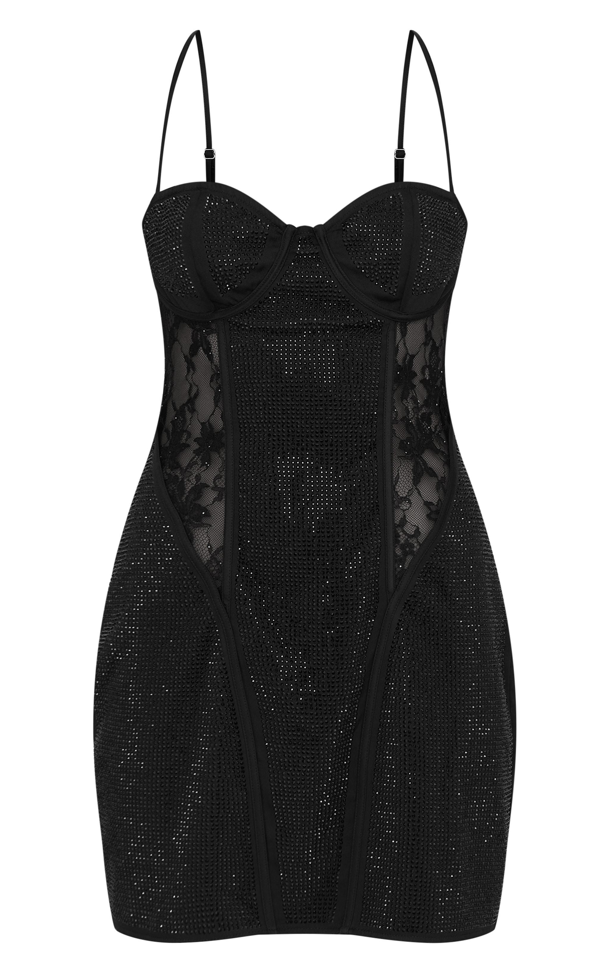 Black Premium Diamante Lace Cup Detail Mini Dress Product Image