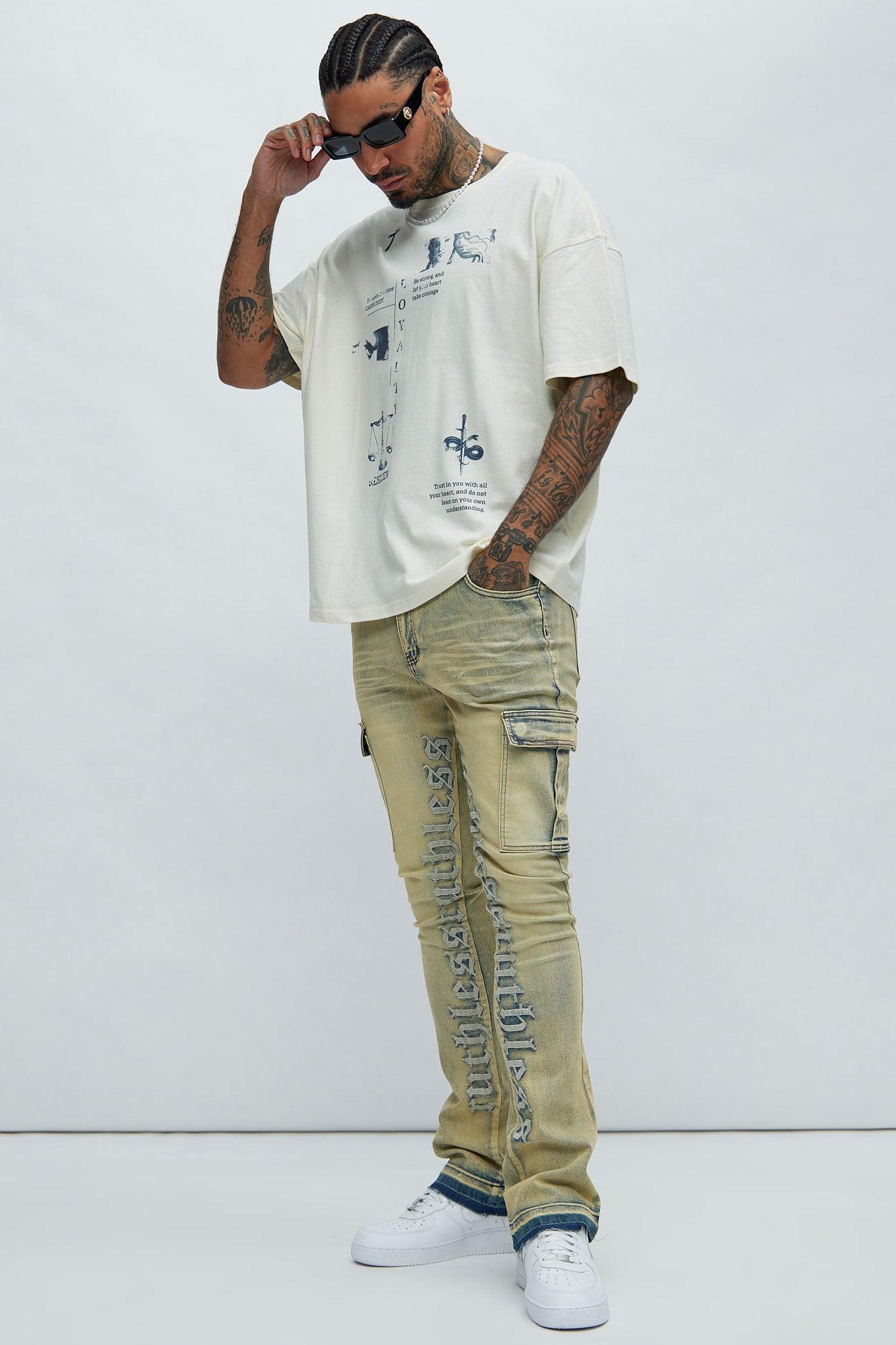 Ruthless Embroidered Stacked Skinny Cargo Flare Jeans - Vintage Blue Wash Product Image