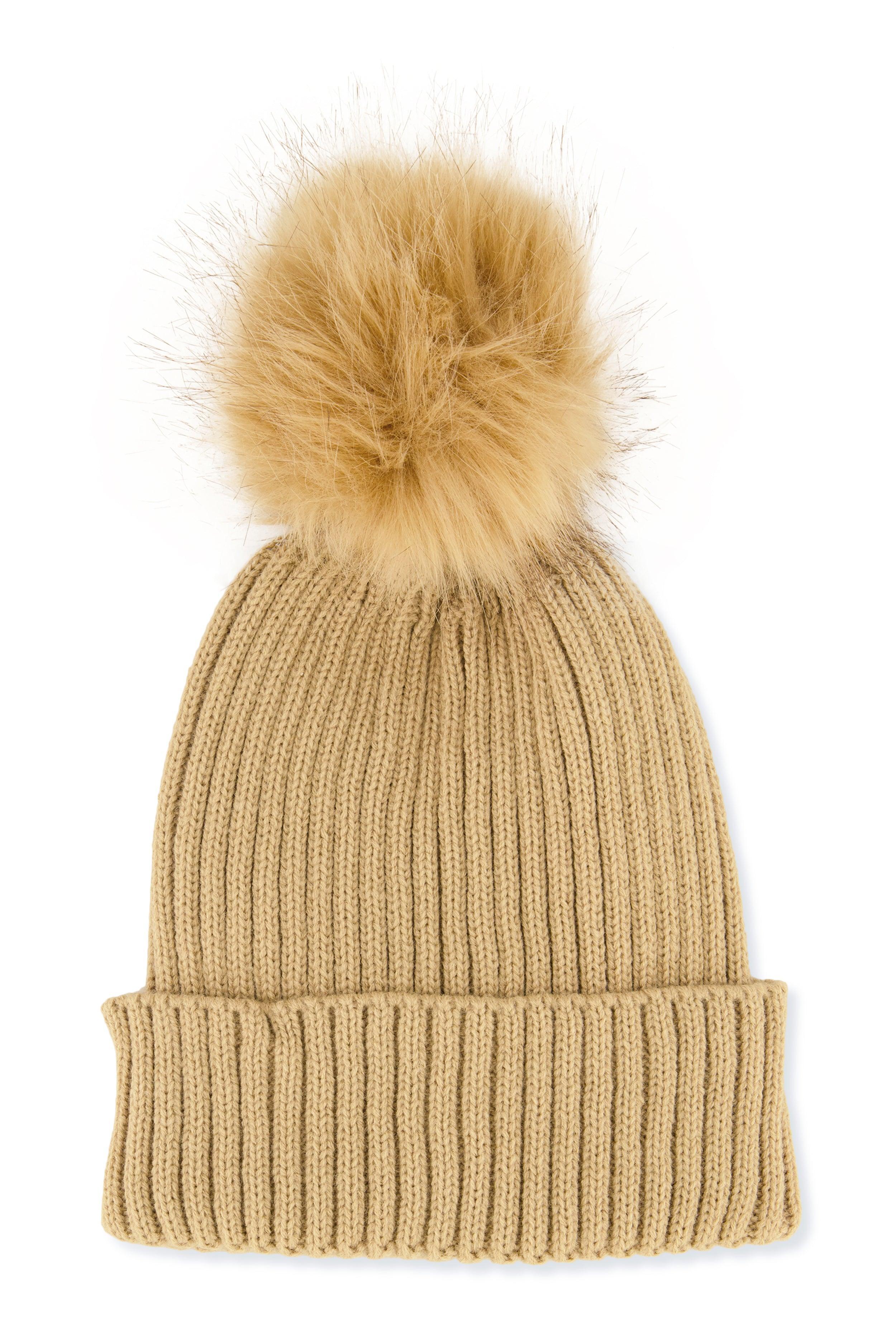 Ribbed Knit Faux Fur Pom Pom Beanie Female Product Image