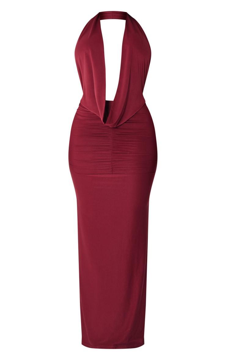  Shape Burgundy Slinky Cowl Ruched Front Maxi Dress Product Image