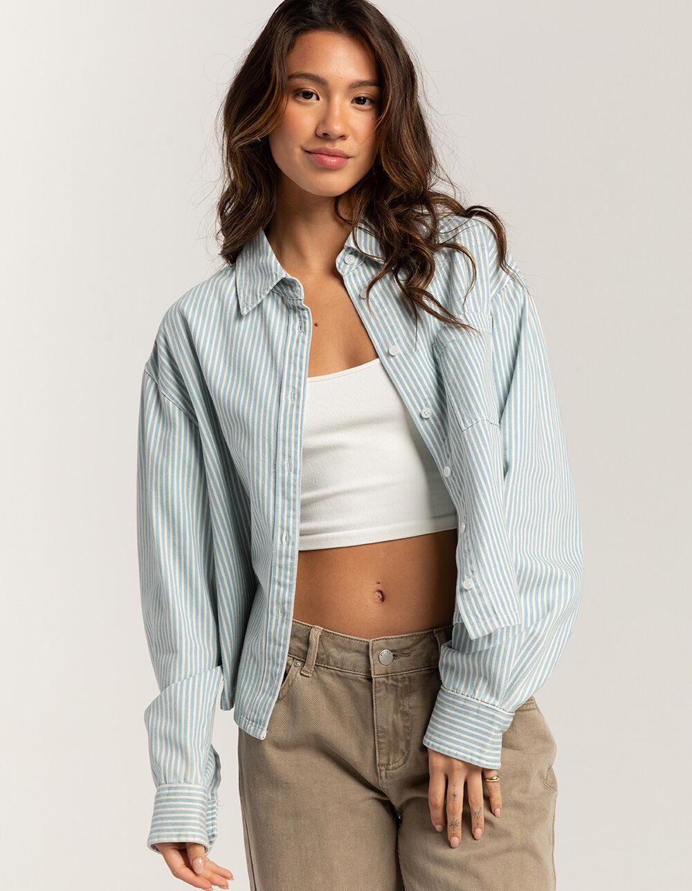 RSQ Womens Denim Stripe Crop Shirt Product Image