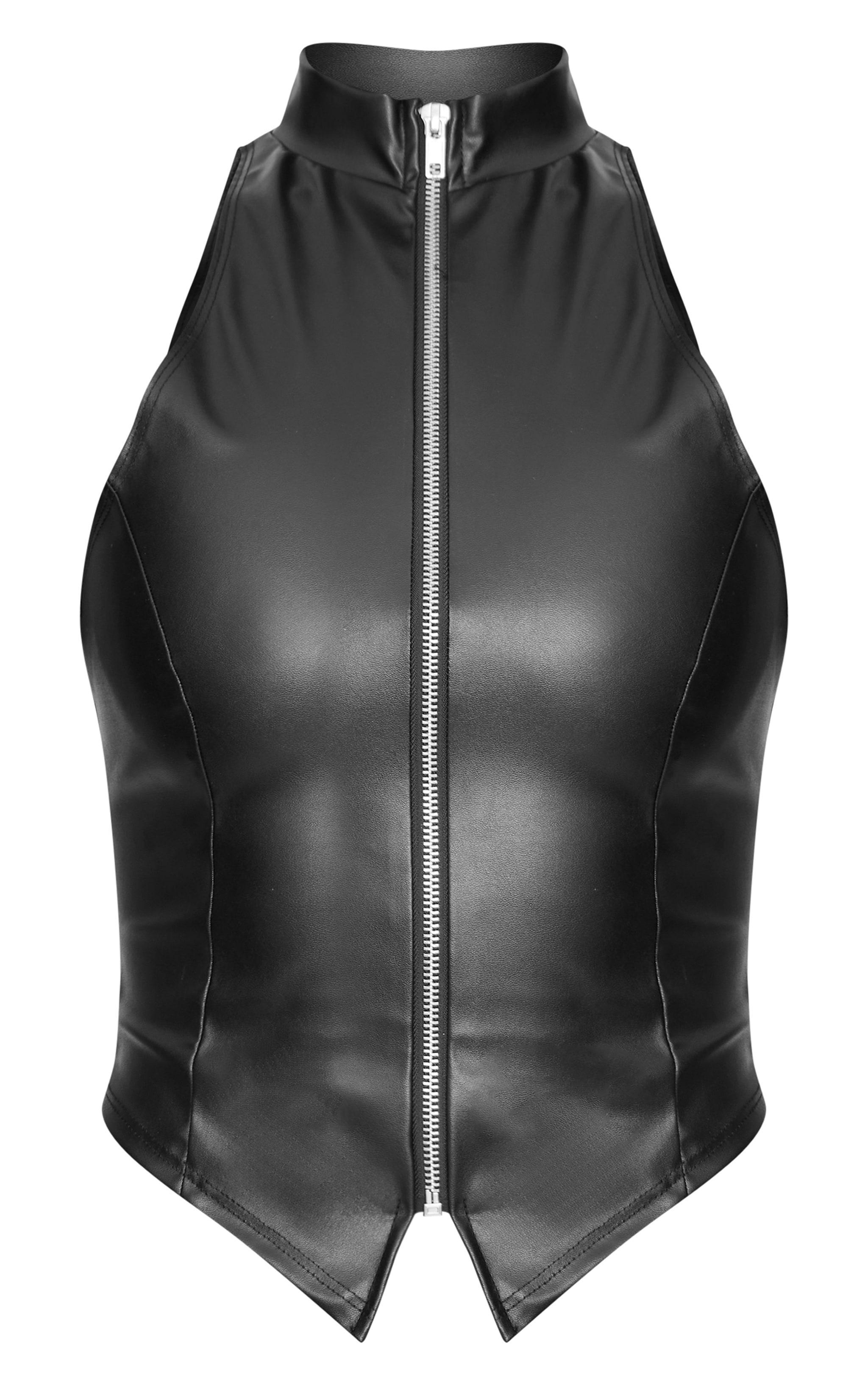 Black Faux Leather Zip Up High Neck Top Product Image